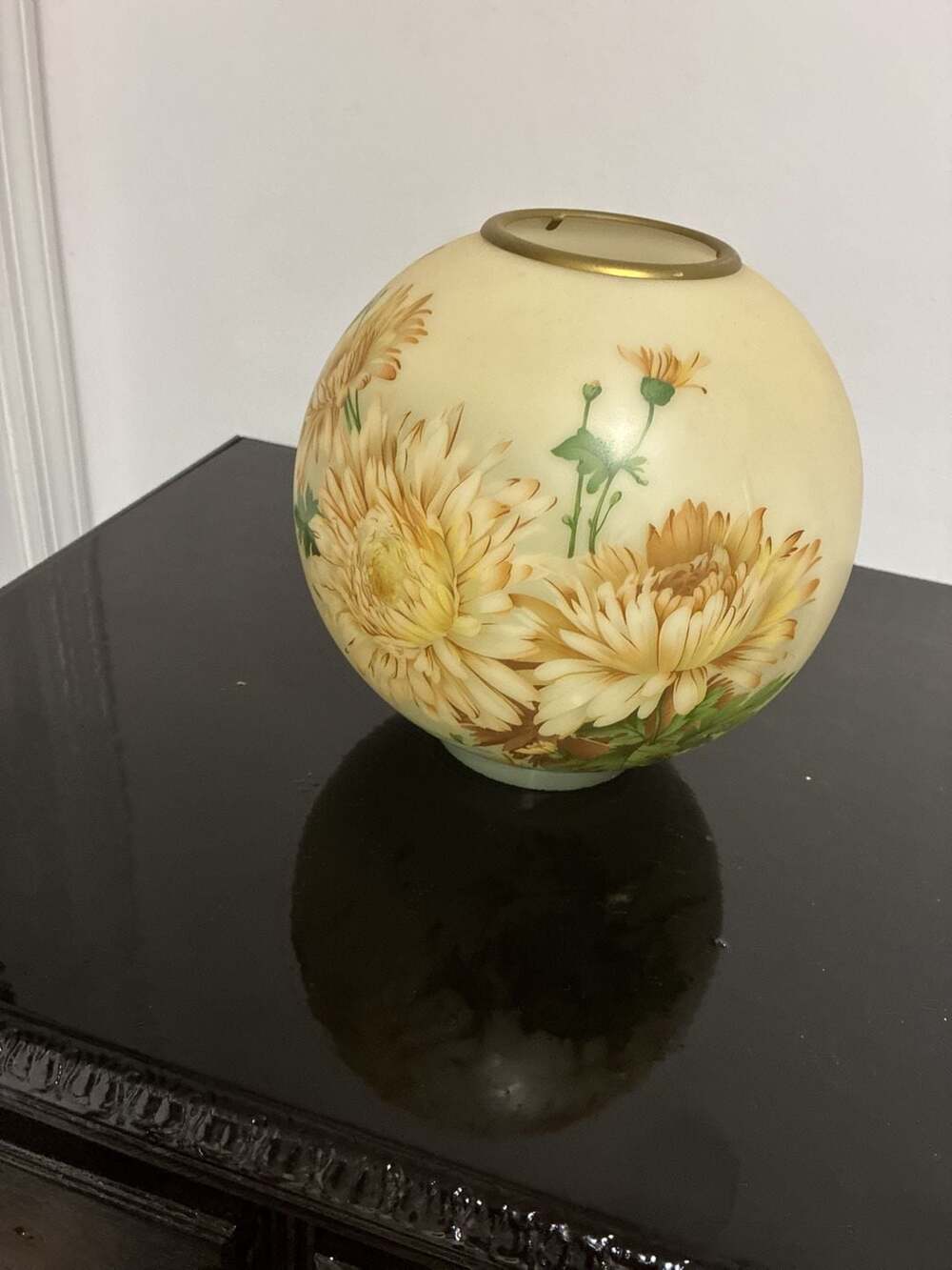 Vintage Hand-Painted Floral Art Glass Globe Shade with Chrysanthemums